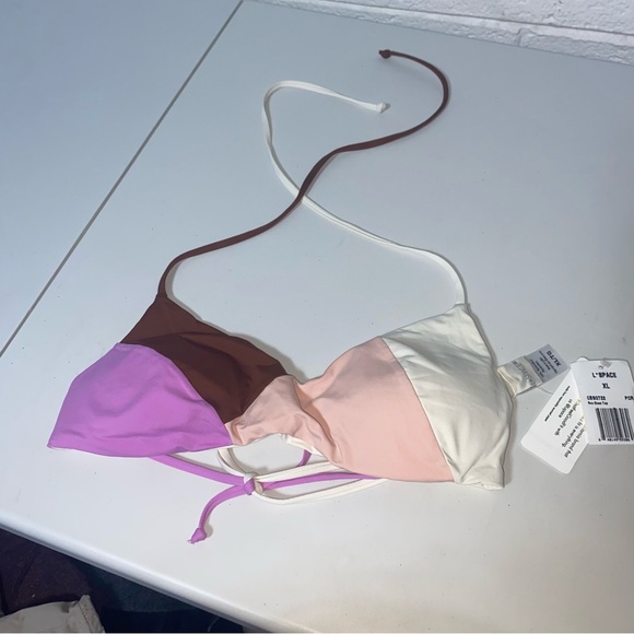 NWT  L*Space Sea Glass Color Block Bikini Swim Top Brown Pink Halter XL Bitsy - Picture 10 of 10